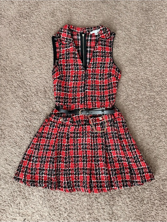 City Vibe Dresses & Skirts - Red Plaid Tweed Sleeveless Belted Dress